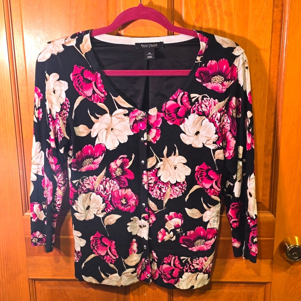 White House Black Market Black, Pink, and Cream Floral Cardigan - M